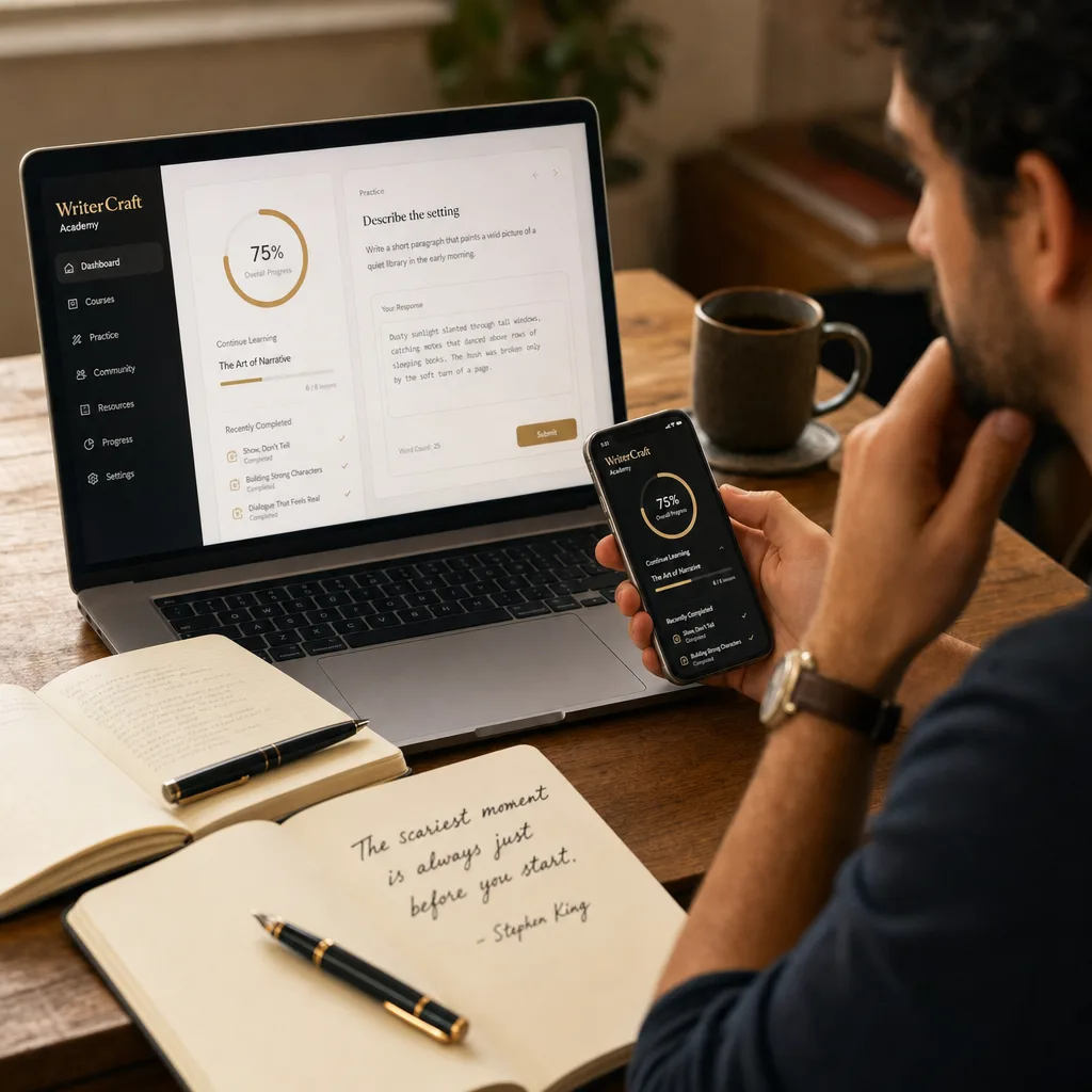 Inside the program: course dashboard with modules, lessons and reference guides